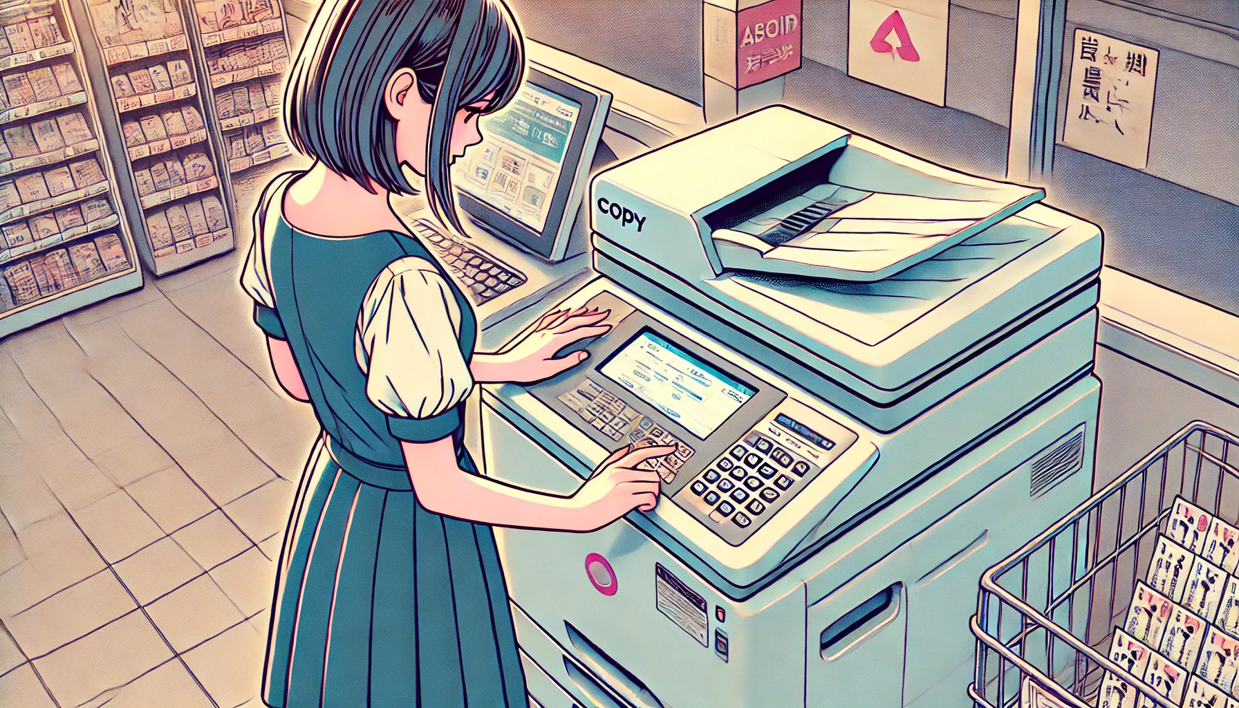 マルチコピー機をタップする手元