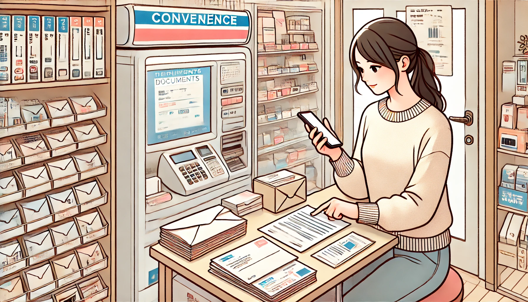 スマホ + 封筒 + 書類の準備